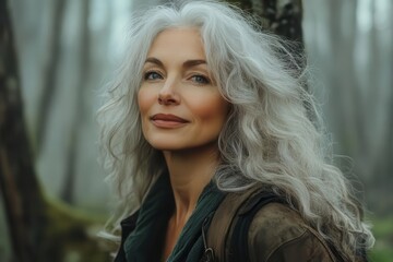 Naklejka premium ethereal portrait of a silverhaired woman emerging from a misty forest skin glowing with vitality gentle smile conveying wisdom and serenity