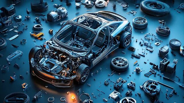 Disassembled car, showcasing its internal structure and components. The car's body is partially assembled, with doors, wheels, and various other parts on the floor.