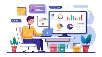 An analyst scrutinizing key performance indicators (KPIs) on a business analytics dashboard. The design highlights the importance of data analysis in informed operations management.
