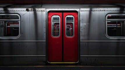 A striking view of modern subway doors in red and silver, showcasing urban transportation and architectural design.