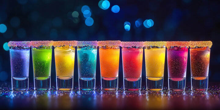 A line of test tube shooters featuring neon balls, each with a unique flavor, and a rim covered in edible glitter.