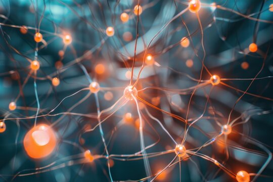 Network of neurons sending signals with electrical impulses through the synapses of the brain