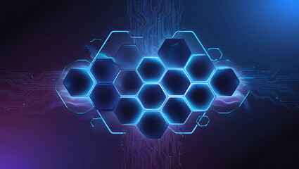 A mesmerizing abstract background depicting an intricate hexagonal network of interconnected nodes, resembling a technological honeycomb, set against a rich, dark blue to purple gradient that evokes a