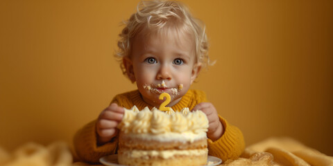 Child with a cake for second birthday celebration with number two candle concept. Number two on cake, icing on the face. Copy space