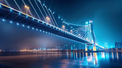 Fototapeta premium A stunning night view of a illuminated bridge over a river, showcasing vibrant blue lights and reflections, creating a serene atmosphere.