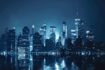 Fototapeta premium A stunning night view of a city skyline, illuminated by vibrant lights reflecting on the water, creating a mesmerizing atmosphere.
