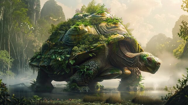 Photorealistic image of an enormous Xuanwu, the divine tortoise, one of the Four Symbols of Chinese mythology. 