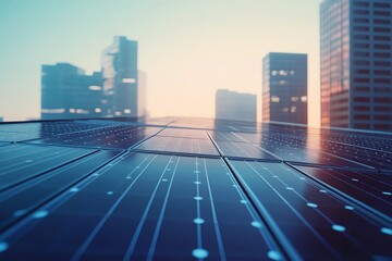 A stunning view of solar panels atop a city building at sunrise, showcasing sustainable energy amidst urban architecture.