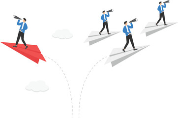 red paper airplane flies in the opposite direction from a group of other airplanes,

