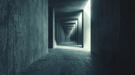 Obraz premium A tranquil concrete corridor with an endless perspective, illuminated by subtle light, creating a serene architectural ambiance.