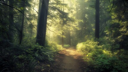 Obraz premium A tranquil forest path illuminated by soft sunlight, surrounded by lush greenery and towering trees, perfect for nature lovers.