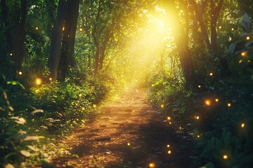 Obraz premium A tranquil forest path illuminated by warm sunlight, surrounded by lush greenery and sparkling fireflies, creating a magical atmosphere.