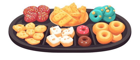 Assorted snacks on a black tray, including donuts, fried food, and cookies.