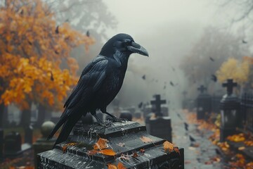 Raven in Cemetery Fog