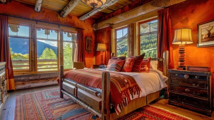 Naklejka premium A warmly decorated bedroom features a stunning view of mountains and lush trees through large windows
