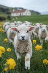 Obraz premium A group of playful lambs frolicking in a meadow, with a picturesque farmhouse in the distance,