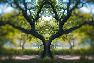 Fototapeta premium A tranquil scene showcasing a symmetrical tree surrounded by lush greenery, creating a serene outdoor atmosphere.