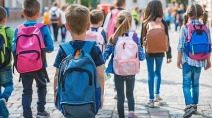 A Group of School Children with Colorful Backpacks and School Bags Walking to School, View from the Back, Celebrating Back to School and Knowledge Day on September 1