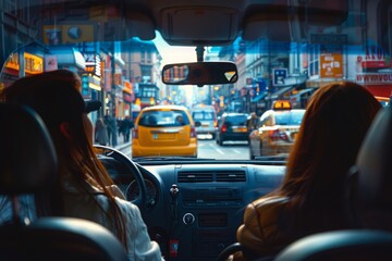Two Women Riding in a Car on a Busy City Street
