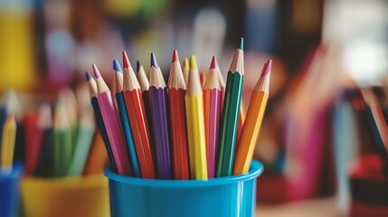 A vibrant collection of colored pencils arranged in a blue cup, perfect for art projects and creative endeavors.