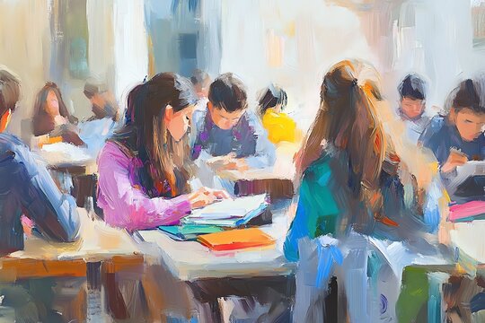 A vibrant classroom scene with students engaged in learning, showcasing collaboration and concentration in an artistic style.