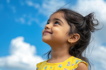 Indian girl smile playing sunlight during summer vacation, mental health