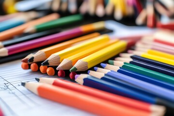 Fototapeta premium A vibrant collection of colored pencils neatly arranged over a notebook, perfect for artistic creativity and school projects.