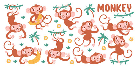 Cheerful funny monkey cartoon characters jumping, playing, fooling around in jungle isolated set
