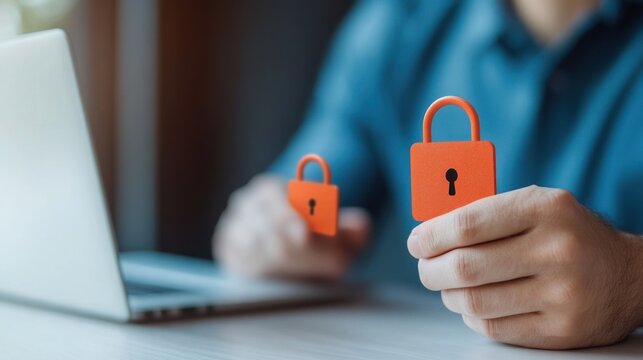 Lock and key concept on a keyboard with hands interacting with 3D letters and symbols representing success and technology