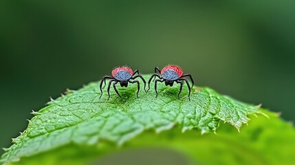 Naklejka premium Colorful Spiders Resting on Green Leaf in Natural Habitat During Daylight