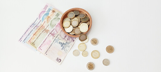 metal coins isolated on white background.paper Turkish money. change of coins