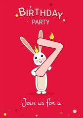 7 years. Children's birthday party. Bunny with a crown on a pink background holding the number 7.