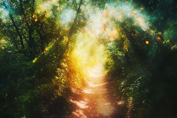 Obraz premium A vibrant forest path illuminated by soft sunlight, creating a magical atmosphere perfect for nature enthusiasts.