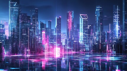 Fototapeta premium A vibrant futuristic city skyline illuminated by neon lights, showcasing modern architecture in an enchanting night setting.