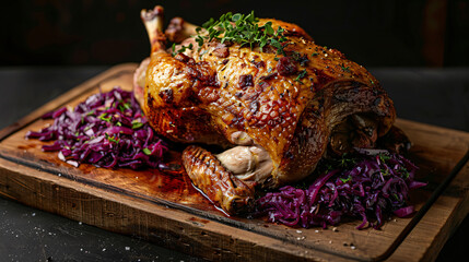 Whole roasted goose served on a rustic wooden board with red cabbage and fresh herbs