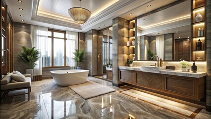 Luxurious bathroom in modern Istanbul residence features exquisite ceramic flooring with intricate design, blending elegance and sophistication in a serene, spa-like atmosphere.