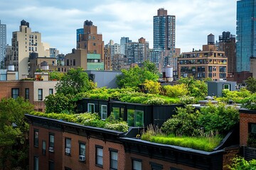Fototapeta premium A vibrant rooftop garden offering a green oasis above the city, blending nature with urban architecture.