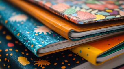A vibrant stack of colorful notebooks featuring unique patterns, perfect for students, artists, or home organization.