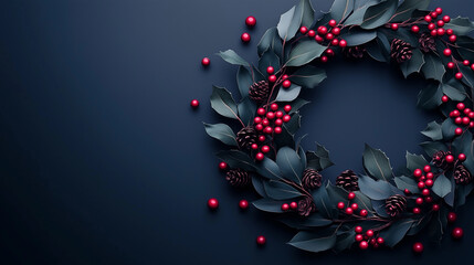 Deep navy blue Christmas wreath red berries holly leaves elegant winter background festive decor minimalist wallpaper seasonal xmas text copy space design blank flatlay elegant Hamptons chic foliage 