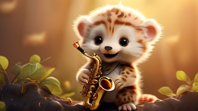 A cute animal playing saxophone. Generative ai.