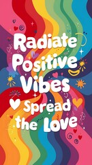 Fototapeta premium Radiate Positive Vibes colorful background and text (T-shirt Design Motivational Quote, Illustration ,Typography)