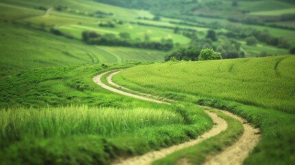 Fototapeta premium A winding dirt road meanders through lush green fields, inviting exploration and showcasing the beauty of rural landscapes.