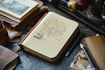 An artistic composition of vintage notebooks, a pen, and aged photographs on a textured surface, evoking nostalgia and creativity.