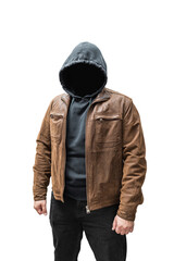 Portrait of mysterious faceless man in brown leather jacket and hoodie, isolated on transparent...