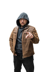 Male portrait, threatening hooded man in brown leather jacket, isolated on transparent background