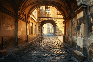 Fototapeta premium Charming cobblestone street under an archway in a historic city, glowing with warm light, inviting exploration and discovery.