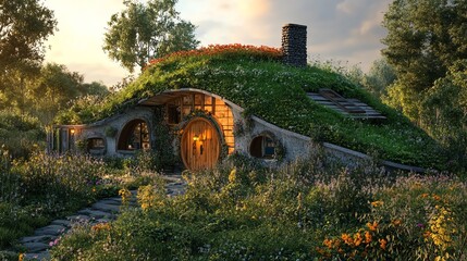 Naklejka premium Charming green-roofed cottage nestled in lush garden scenery, perfect for fantasy and nature-themed projects.