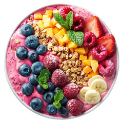 Obraz premium Top view of a colorful smoothie bowl topped with fresh fruits, granola, and mint leaves, perfect for a healthy breakfast or snack.
