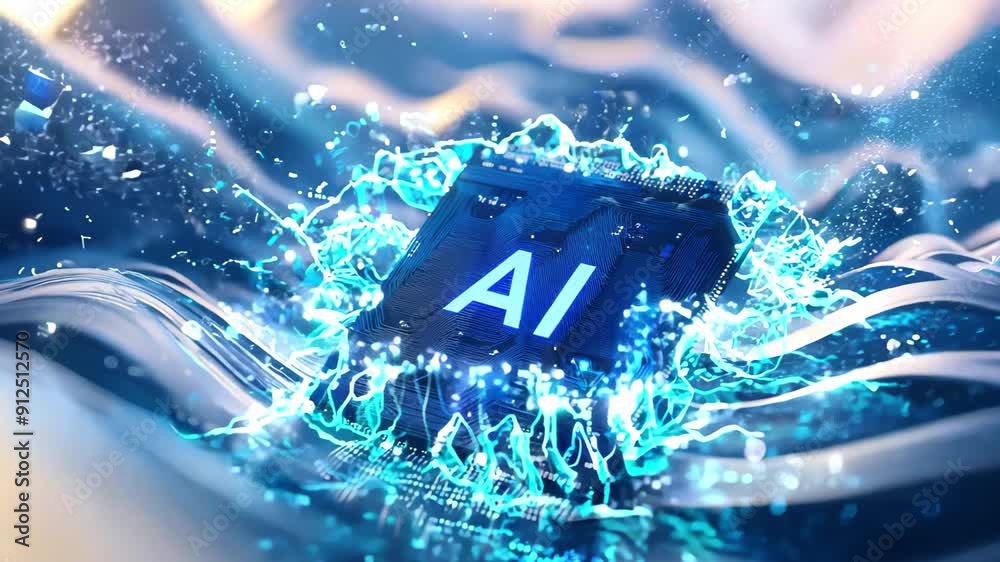 Poster ai letters on glowing chip. advanced futuristic microprocessor connecting with a motherboard and act