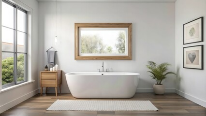 Fototapeta premium Minimalist Bathroom with Freestanding Tub, Wooden Accents, and Natural Light